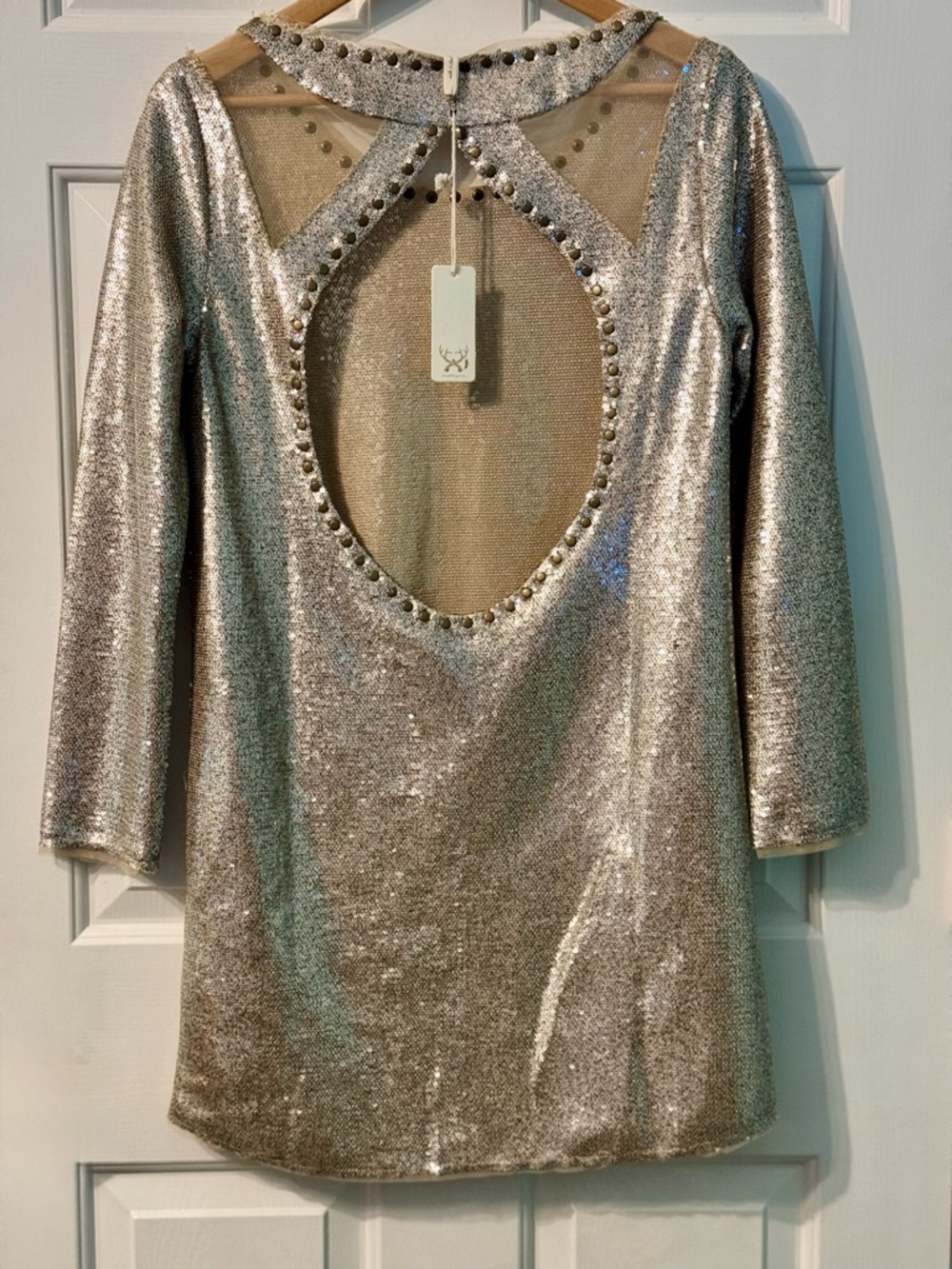 Spell & the Gypsy Bond Girl Mini Dress Gold Sequin Studded - Small - RARE - NWT